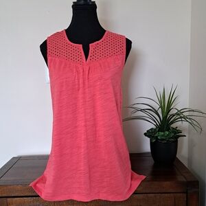 ❤️ Bleu Gray Slub Knit Eyelet Top Red Small Sleeveless Tank Lightweight Tee